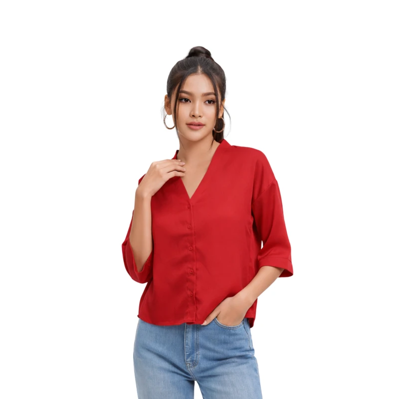 Blouse Wanita V-Neck Lengan Basic Maroon