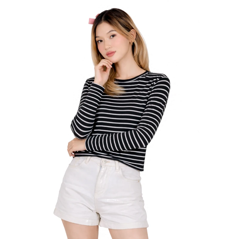 Atasan Wanita Lengan Panjang Salur Hitam Besar Casual Basic