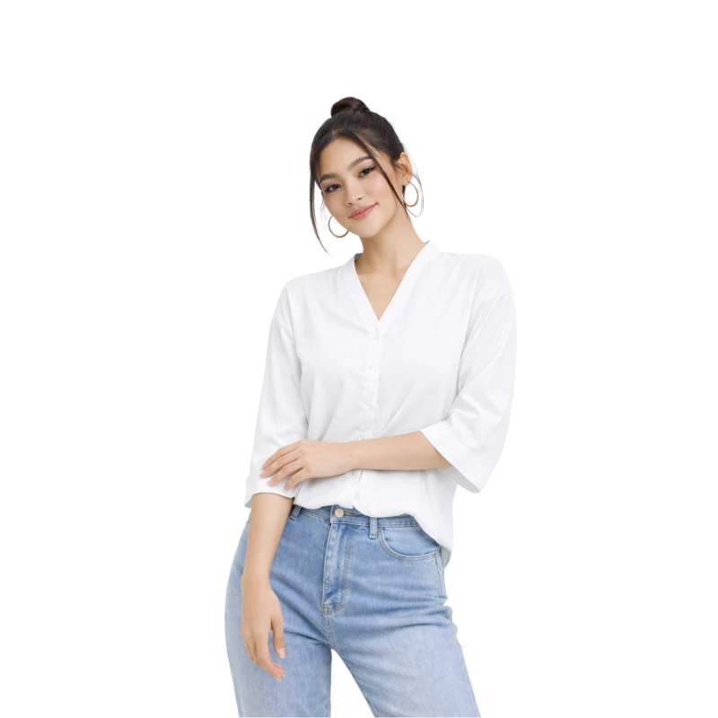 Blouse Wanita V-Neck Lengan Basic Putih