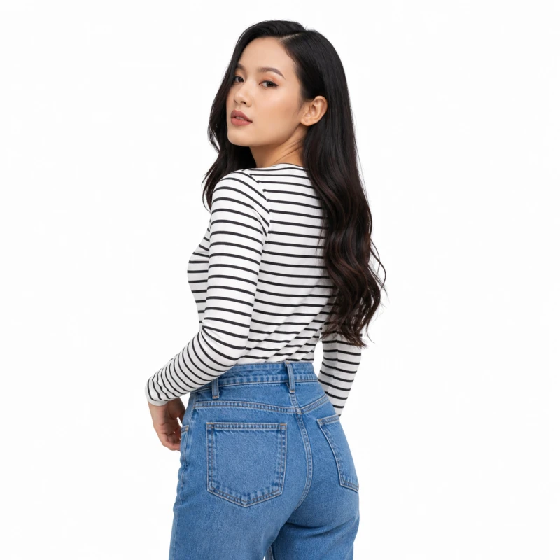Atasan Wanita Lengan Panjang Salur Putih Besar Casual Basic