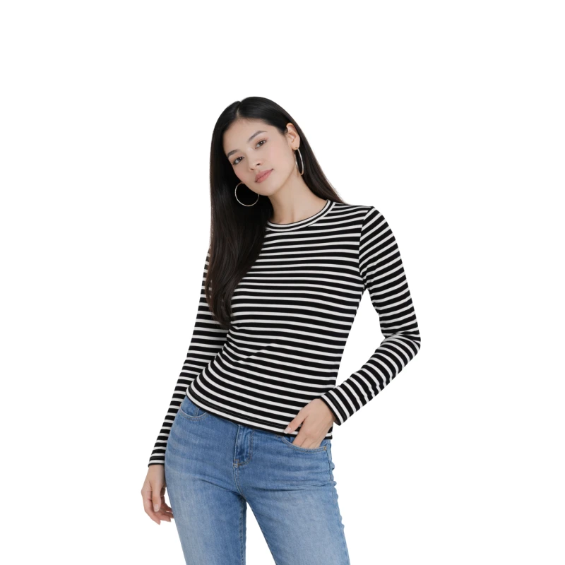 Atasan Wanita Lengan Panjang Salur Hitam Sedang Casual Basic