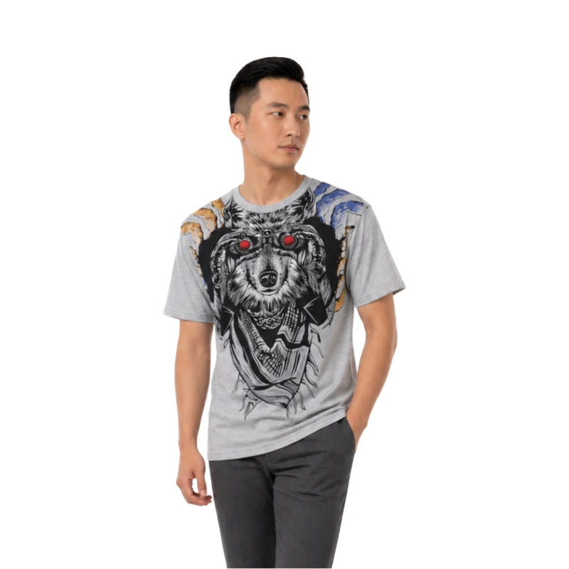 T-Shirt Pria Grey Grafis Animal Casual Street