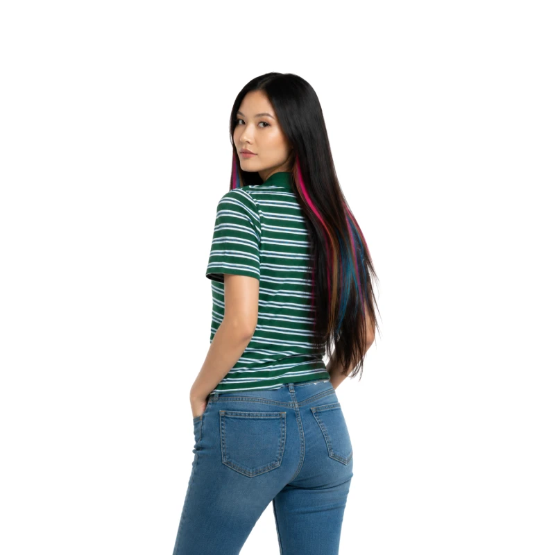 Polo Wanita V-Neck Hijau Salur