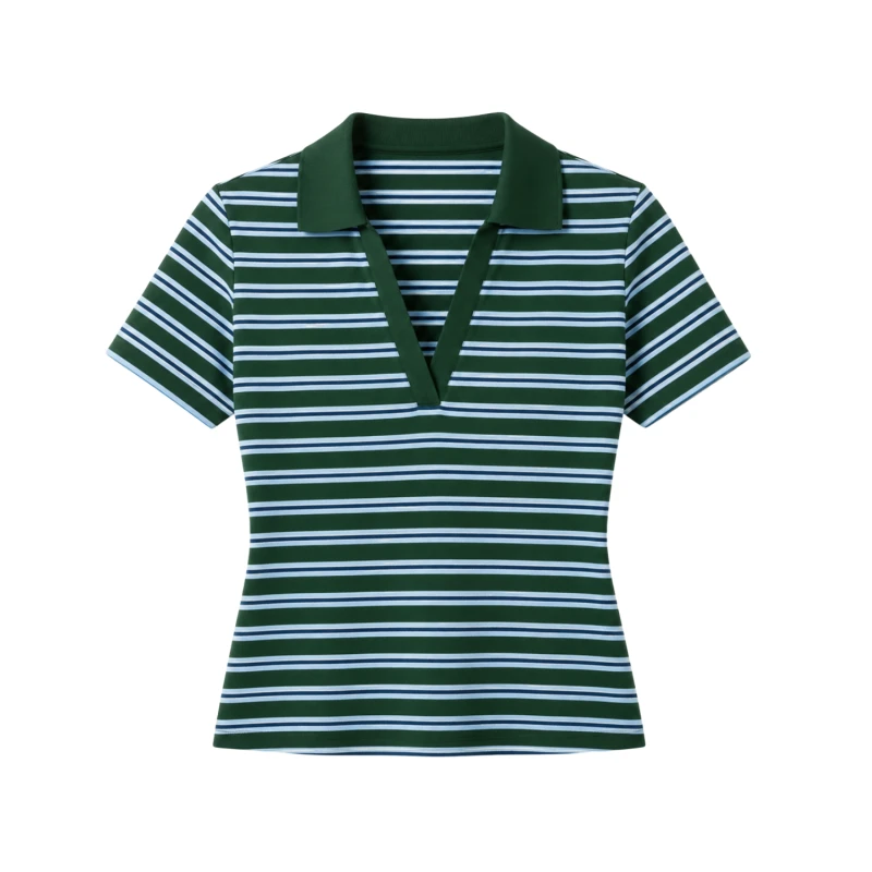 Polo Wanita V-Neck Hijau Salur