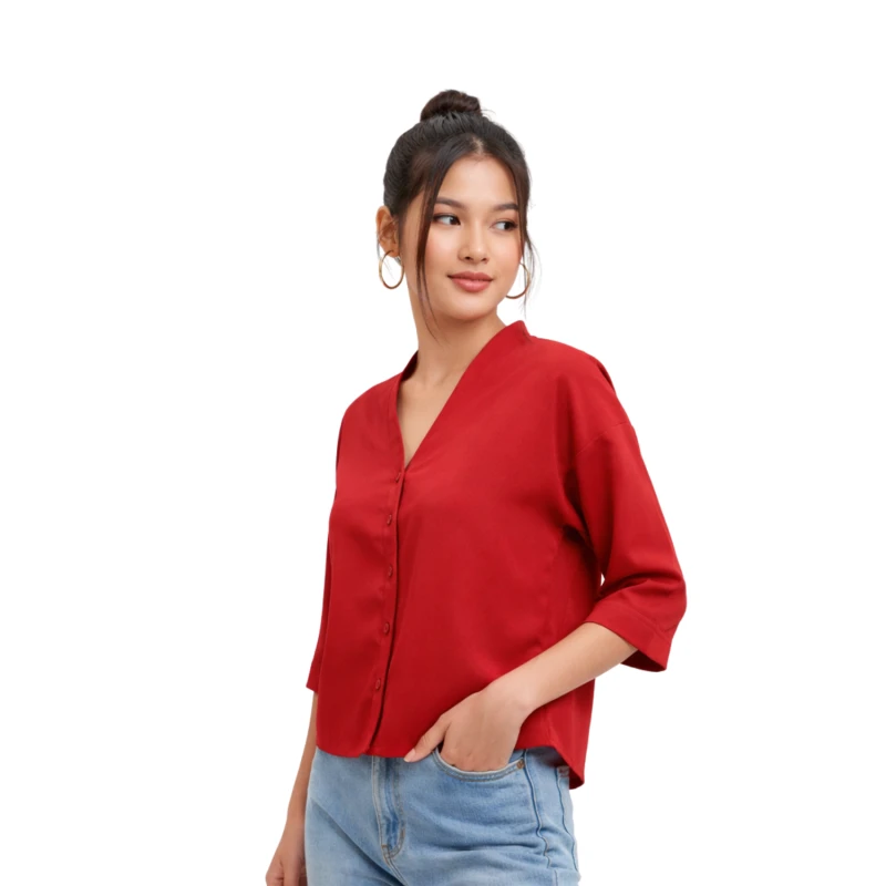 Blouse Wanita V-Neck Lengan Basic Maroon