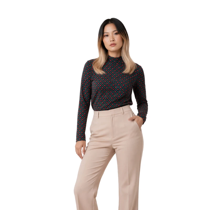 Mockneck Wanita Bunga Merah Elegant Look