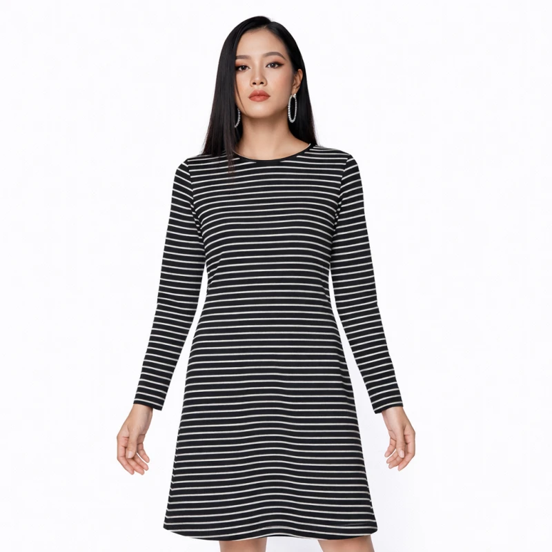 Dress Wanita Salur Hitam Sedang Lengan Panjang Basic