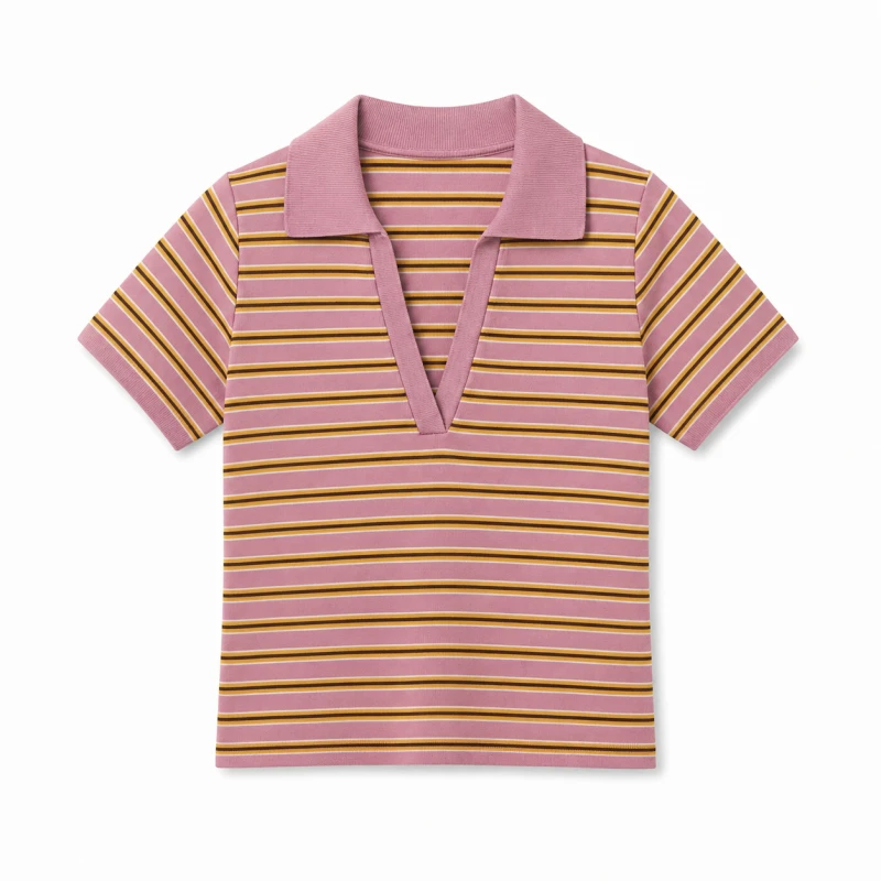 Polo Wanita V-Neck Pink Salur