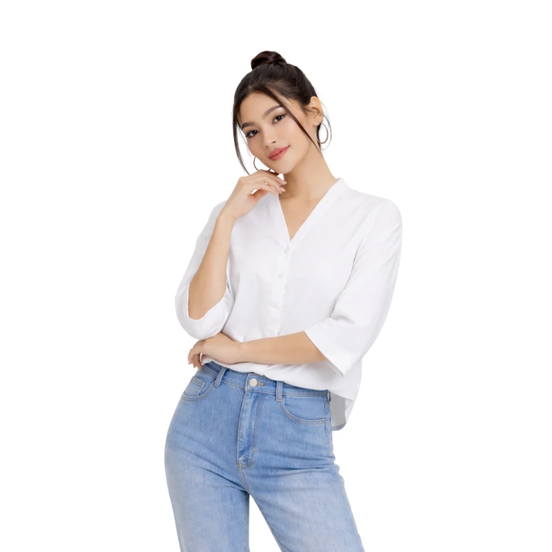 Blouse Wanita V-Neck Lengan Basic Putih