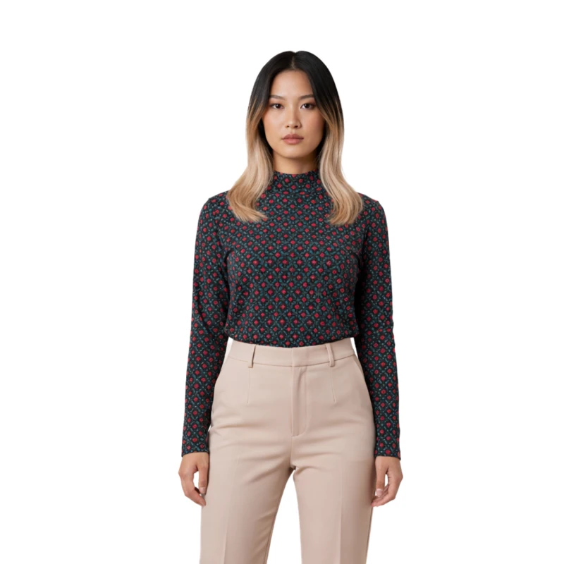 Mockneck Wanita Bunga Merah Elegant Look