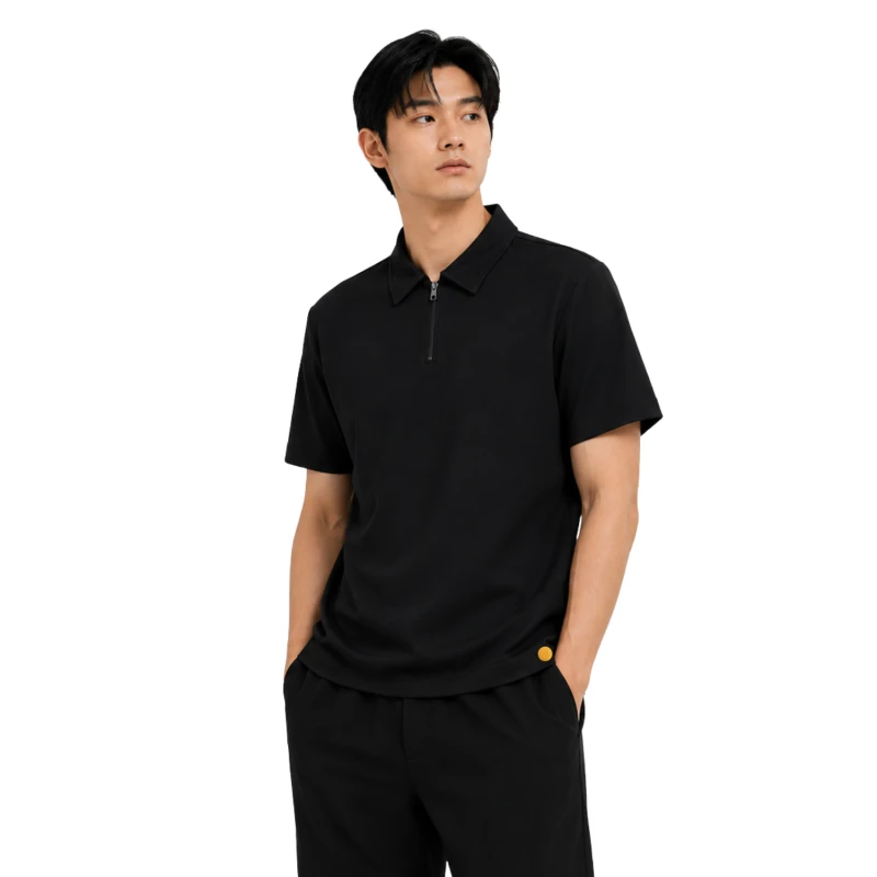 Polo Pria Zipper Black Casual 9005