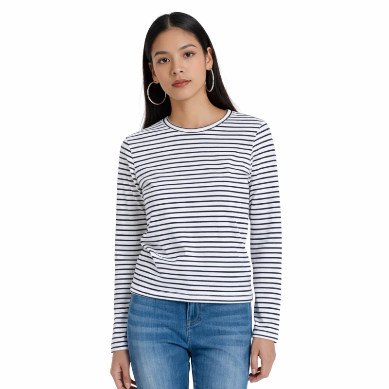 Atasan Wanita Lengan Panjang Salur Putih Kecil Casual Basic