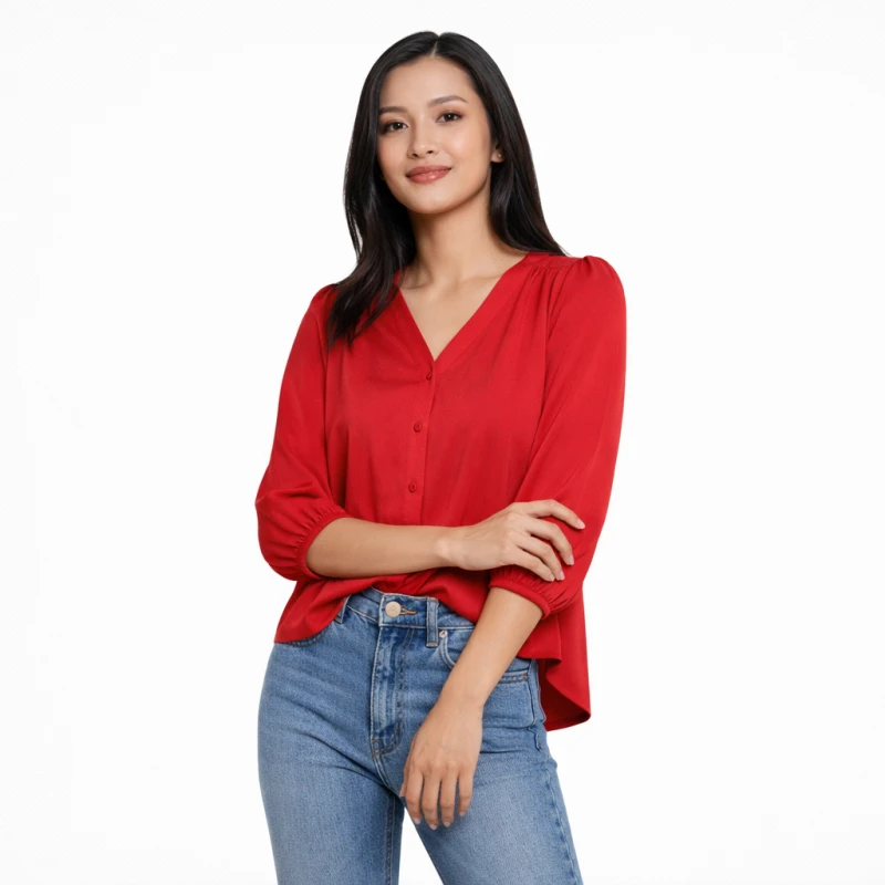 Blouse Wanita V-Neck Lengan Balon Maroon