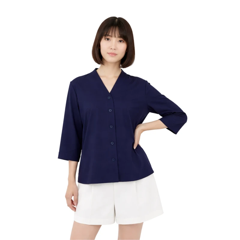 Blouse Wanita V-Neck Lengan Basic Navy