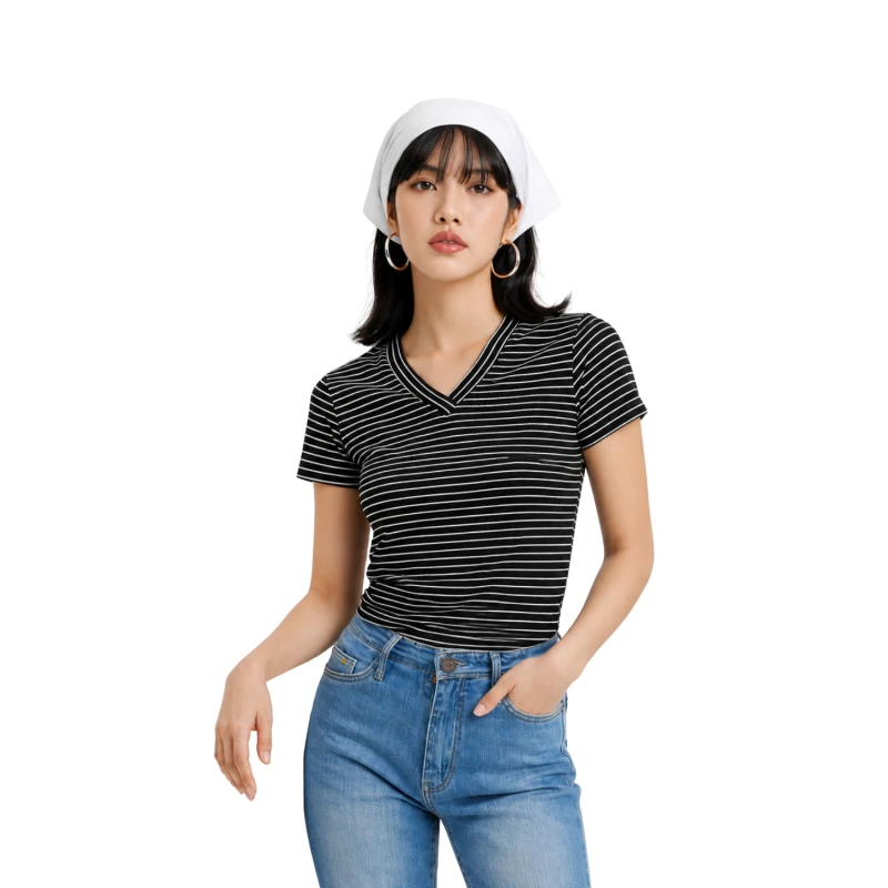 Kaos Wanita V-Neck Salur Hitam Casual Basic